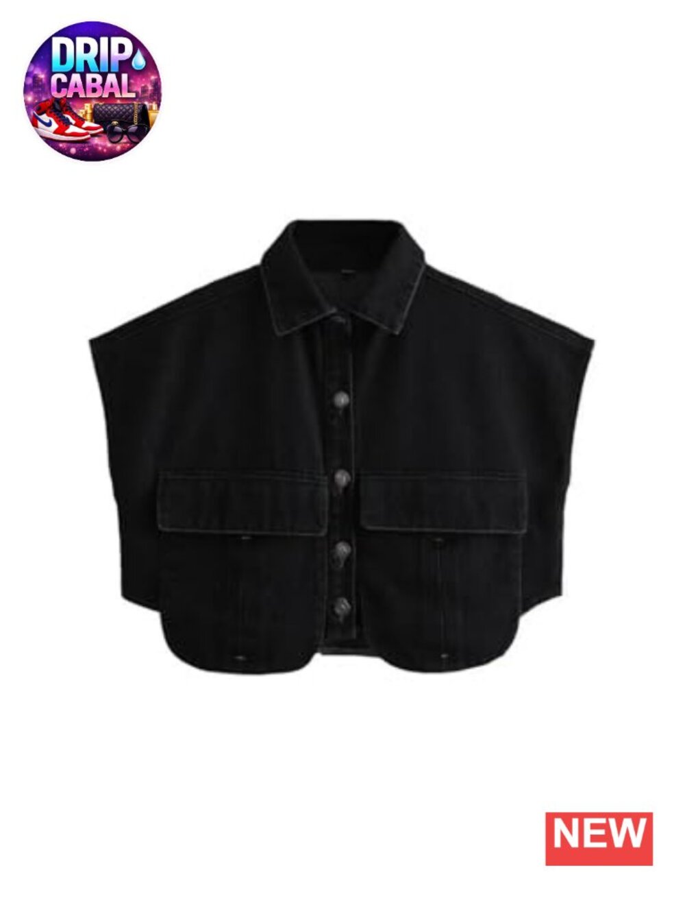 Cropped Button Down Shirt Sleeveless Denim Top with Pockets